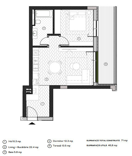 Apartament cu 1 cameră tip studio, 46.8 mpu, Terasă 13.5 mp, Etaj 2